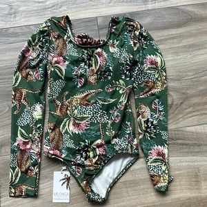 Milonga 1 piece swimsuit tiger/green print child’s size 12. NWT Made in Colombia